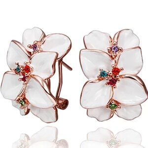 Rose Gold and White Enamel Floral Stud Earrings
